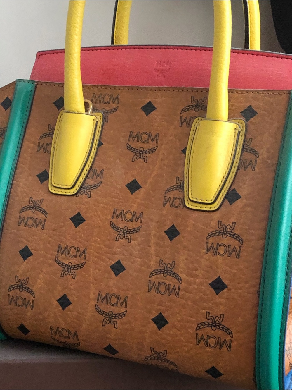 MCM Cognac Visetos Tote with Yellow Handles & Green Trim - Picture 3 of 5